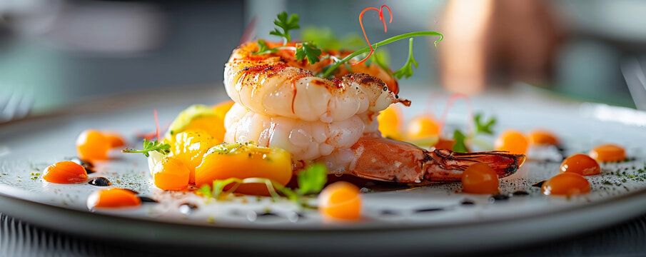 Create a visually captivating design showcasing the intricate details of culinary artistry Emphasize precision in plating techniques using a wide-