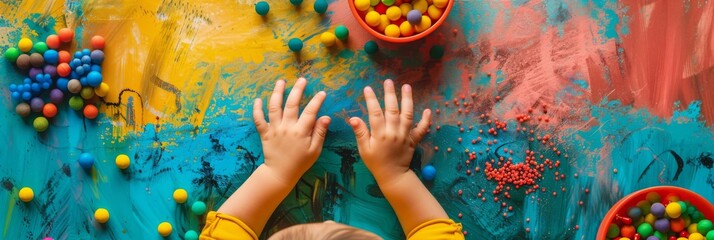 A child's hands interact with colorful sensory toys scattered across a brightly painted surface