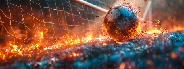 Fiery Soccer Ball Scoring Goal In Intense Wide-Format Sports Scene