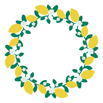 recommend clip art: Round wreath with ripe lemons, flowers and foliage. Fruit frame with copy space. Citrus circular rim for design, vector graphic