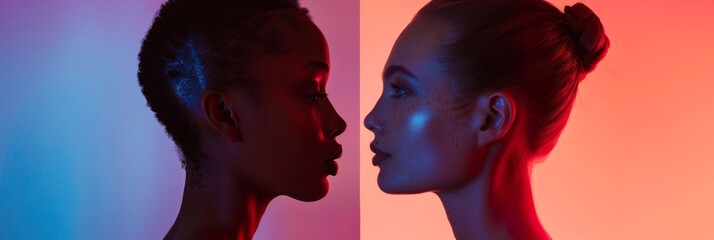 Two women with different skin tones stand facing each other in a studio setting. The background features a gradient of blue and red lighting, creating a striking contrast