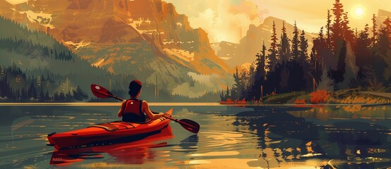 The image depicts a female kayaker in a serene stream in the mountains, in the rear view, enjoying summer outdoor adventure in the mountains