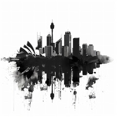 Fototapeta premium Black and white illustration of the sydney skyline reflecting in water with ink splashes