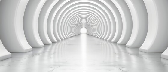 Obraz premium A long white corridor featuring white pillars and a light at its endpoint