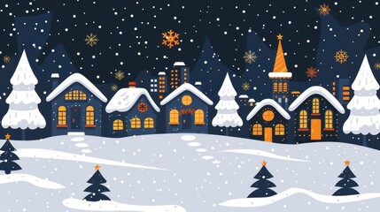 Naklejka premium Cozy Winter Night in a Snowy Town