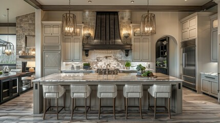 A high-end kitchen with custom cabinetry, a marble backsplash, a large island with barstools, and pendant lights.