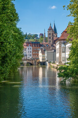 Cityscape of Esslingen am Neckar from Agnesbrücke (bridge) with St. Dionysius (Stadtkirche St. Dionys) Baden-Wuerttemberg (Baden-Württemberg) Germany