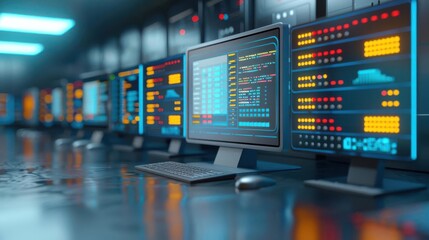 Cybersecurity dashboard in the cloud, red warnings flashing as it monitors data breaches and threats