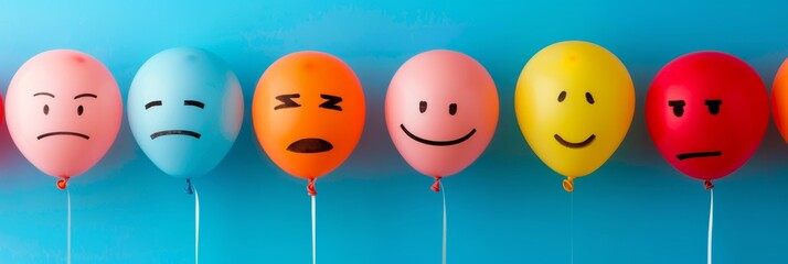 Obraz premium Colorful balloons with smiley and sad faces on a blue background symbolize customer feedback, with happy faces grouped together and sad faces on the opposite side