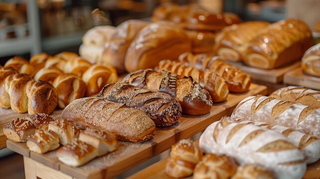 Baking extravaganza showcasing a variety of artisan bread and pastries cooling on a wooden rack, inviting and warm