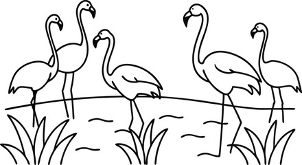 flamingos group standing in a wetland line art vector illustration, tropical bird flamingo line drawing   © Trendy CraftSVG 