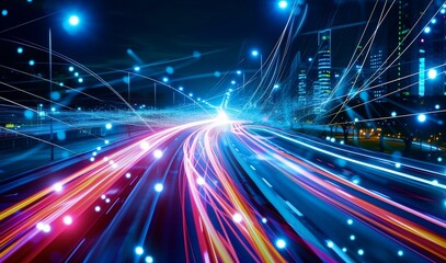 Night traffic light lines of cars in motion on a city highway with technology light effect with background blur