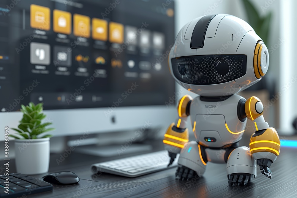 Poster white robot sitting on a desk with a computer