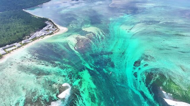 Underwater Waterfall At Le Morne Beach Mauritius Island Mauritius. Stunning Tropical Coastline Beach Scene Viewed From Above. Paradise Landscape Grateful Beauty. Grateful.