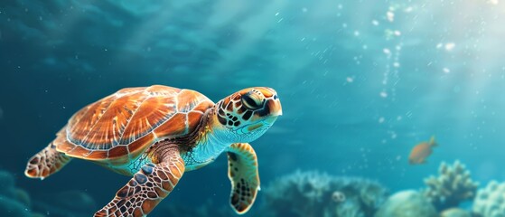 Obraz premium Swimming in clear ocean, coral reef near, school of fish behind