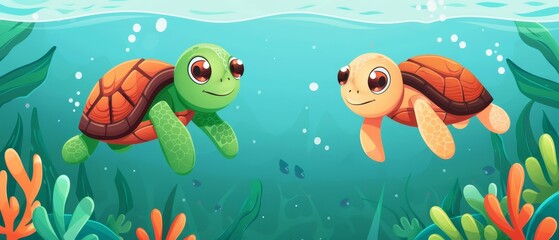Obraz premium Two sea turtles swim in the ocean, beneath corals and algae-covered seabed