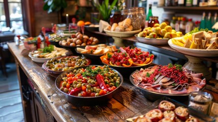 Traditional Spanish tapas bar with a variety of small dishes, lively and communal dining experience, vibrant and inviting