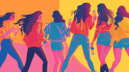 Back view of a group of female friends at a music festival drinking beer and dancing with bold primary colors and a simple vector style.
