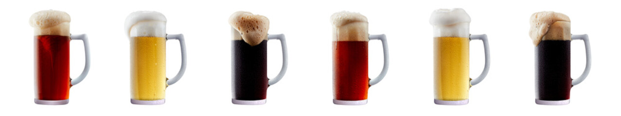 Set of beer cocktails with foam isolated on white background