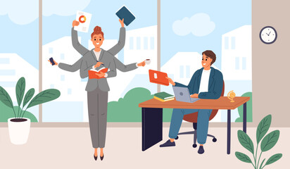 Multitasking business woman. Secretary with multiple hands. Best office worker. Effective time management. Work productivity. Successful businessman assistant. Garish vector concept