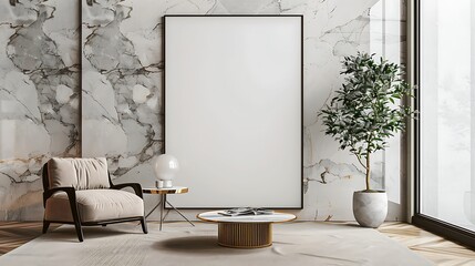 Minimalist living room interior with marble walls stylish furniture and potted plant