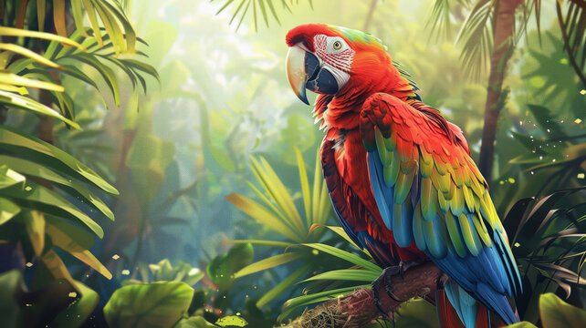 A colorful parrot chattering away in a tropical ju  158 parrot, bird, macaw, red, tropical, animal, beak, colorful, parrots, nature, green, ara, zoo, blue, feather, feathers, wild, bright, wildlife, b