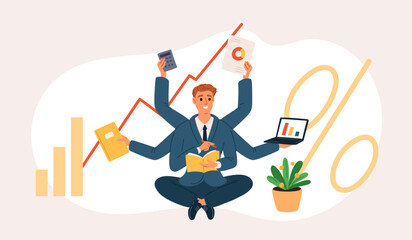 Multitasking business man. Office worker in suit sits in lotus position. Man with lot of hands. Growing schedules. Successful businessman works. Time management. Garish vector concept