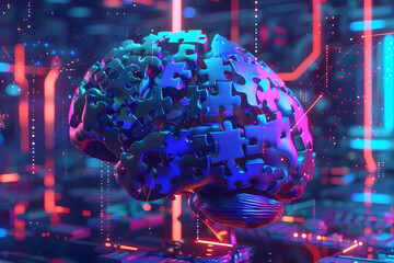 Surreal 3D Brain Puzzle on Abstract Digital Background. Futuristic Brain Puzzle with Neon Lights: AI Symbolism. Vibrant 3D Brain Puzzle Art: AI and Technology Connection. Abstract Digital Brain 