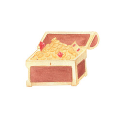 Watercolor illustration of a wooden antique chest with pile of treasures. Hand drawn brown and gold chest. Isolated
