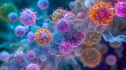 Naklejka premium Microorganism Life Cycle ,Science microscopic background, Microscopic view of various types of microorganisms Illustration image