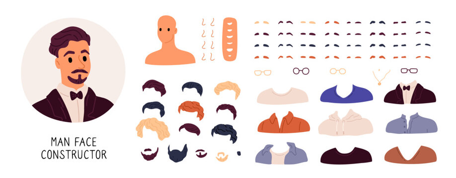 Man face constructor. Male facial features. Avatar creation kit. Different hairstyles and accessories. Eyebrows and nose shapes. Glasses and clothes. Portrait elements. Garish vector set