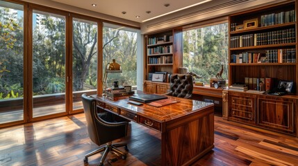 A luxurious home office with a large wooden desk, leather chair, built-in bookshelves, and floor-to-ceiling windows.
