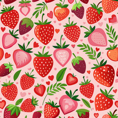 Lively template with watercolor illustrations of heart-shaped strawberries, leaves and hearts, creating a fresh, full of bright colors background with a summer theme