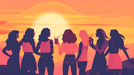 Fototapeta premium Back view of a group of female friends at a music festival drinking beer and dancing with a sunset color palette, minimalist vector art.