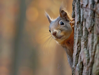 A curious squirrel peeking out from behind a tree   087 squirrel, animal, tree, nature, rodent, wildlife, mammal, wild, cute, red, fur, park, forest, tail, nut, fluffy, eating, small, grey, animals, w