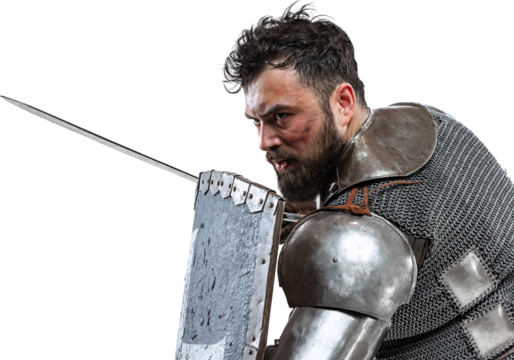 Flyer. Portrait of brave medieval warrior, knight in special armor protecting himself with shield and sword isolated on transparent background. Comparison of eras, history, renaissance style concept