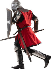 Brave warrior. Portrait of medieval warrior or knight wearing armor clothing holding shield and sword isolated on transparent background. Comparison of eras, history, renaissance style. Vintage