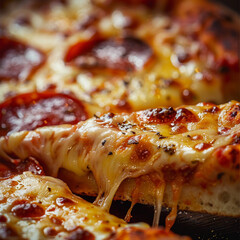 A close-up of a delicious pizza with cheese and pepperoni, with an emphasis on golden crust and processed cheese, in the style of food photography.