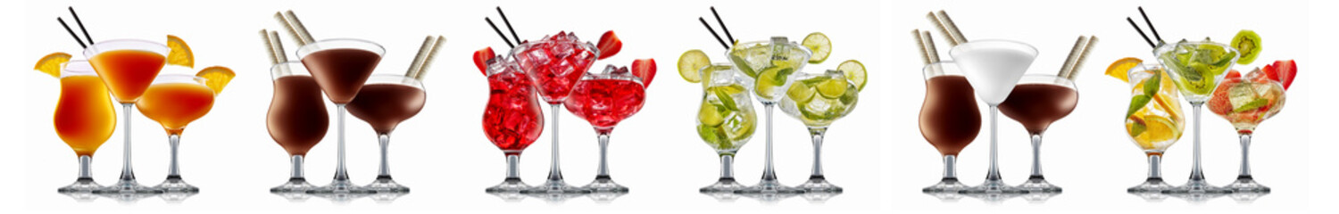 Set of cocktails with decoration from fruits isolated on white background