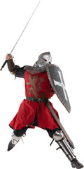 Brave warrior. Portrait of medieval warrior or knight wearing armor clothing holding shield and...