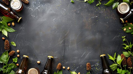 Beerrelated doodles on a chalkboard background, blank area above for creative ads