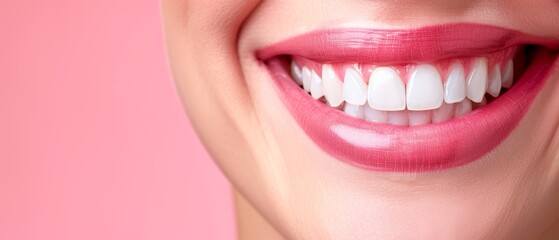 Obraz premium Close-up of a woman's face, focusing on her mouth Her teeth are brilliantly white, and her lips are vividly painted pink against the soft pink background (3