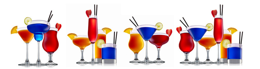 Set of cocktails with decoration from fruits isolated on white background