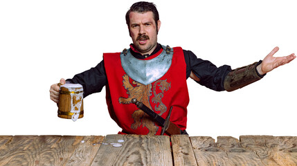 Welcoming beer. Portrait of medieval warrior or knight with dirty wounded face holding wooden mug...