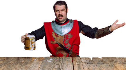 Welcoming beer. Portrait of medieval warrior or knight with dirty wounded face holding wooden mug of beer isolated on transparent background. Comparison of eras, history, renaissance. Oktoberfest