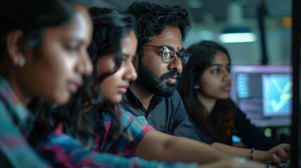 Obraz premium Focused discussion between an Indian software developer and his female team about a new financial software project