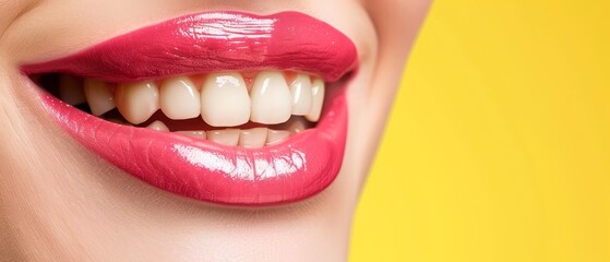 Obraz premium Close-up of a woman's vibrant red lips against a yellow backdrop, showcasing her pearly white teeth