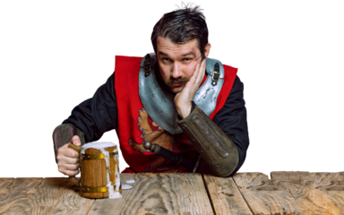 Portrait of medieval warrior or knight with dirty wounded face holding wooden mug of beer isolated on transparent background. Comparison of eras, history, renaissance. Oktoberfest