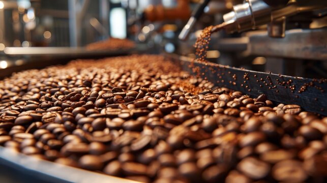 Artisan coffee roastery with beans being roasted, rich aromas, and rustic industrial setting, focus on craftsmanship