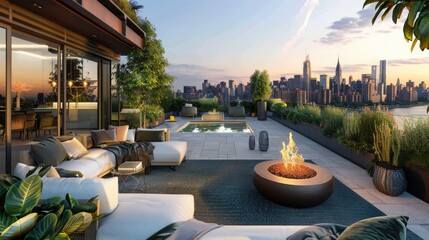 Obraz premium A luxurious rooftop garden with modern furniture, a fire pit, a plunge pool, and a breathtaking city skyline view.